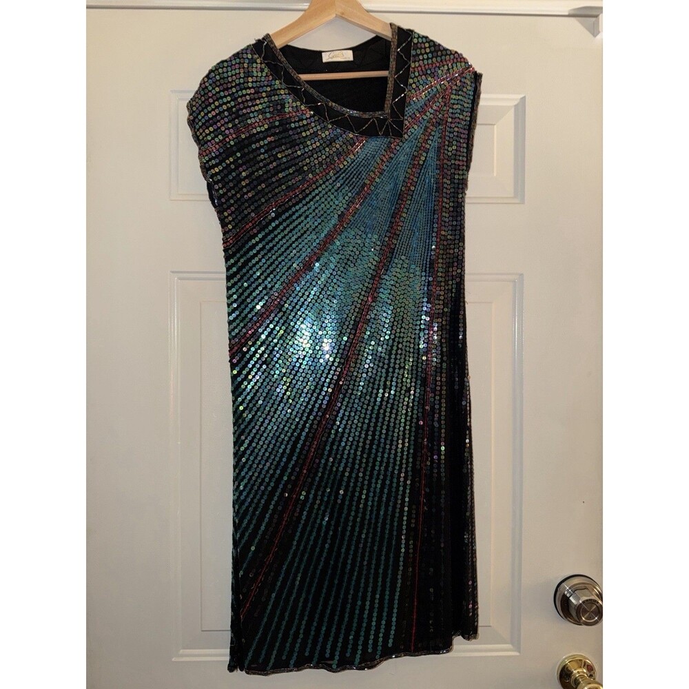 Vintage 80s Iridescent Sequin Party Dress Disco Glam Cocktail Mini Size S 4-6